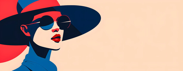Minimalist drawing in soft colors of an elegant woman wearing a hat and sunglasses. Space for text.