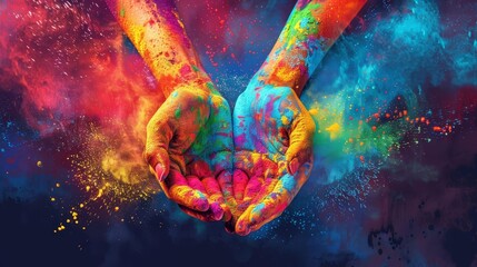 Vibrant illustration of hands throwing colorful powder for Holi celebration. Digital art. Indian festival concept - obrazy, fototapety, plakaty