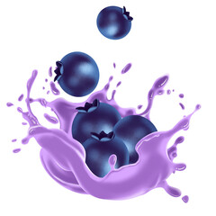 Fresh blueberry juice, smoothie or jam splash swirl with blueberries. Tasty berry juice splashing, blueberry juice isolated