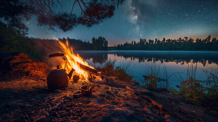 Beside a reflective lake, a campfire crackles under the starry sky, with a vintage kettle nearby, the fire's glow illuminating the kettle and casting long shadows, offering a sense