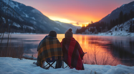 Wrapped in blankets against the evening chill, a couple sits side by side, marveling at the sunset's reflection on the river's surface, their camp chairs positioned perfectly for t - obrazy, fototapety, plakaty