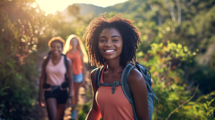 A vibrant African-American woman leading a hike, captured in full length as she turns back to cheer on her friends against the backdrop of a lush mountain trail, the morning sun fi - obrazy, fototapety, plakaty