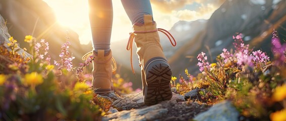 Lady hiker walking through the rocky land. Focus on the foot. Hiking shoes in action on a mountain desert trail path. Close-up of female hikers shoes. AI generated illustration - obrazy, fototapety, plakaty