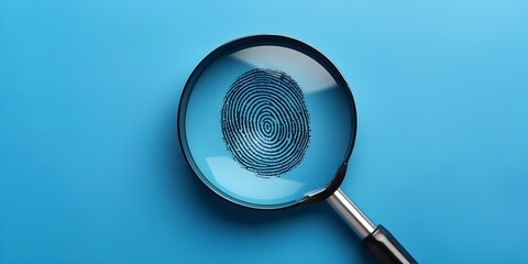 Closeup of a magnifying glass over a fingerprint on a blue background symbolizing biometric identity search. Concept Biometric Technology, Fingerprint Recognition, Identity Verification - obrazy, fototapety, plakaty