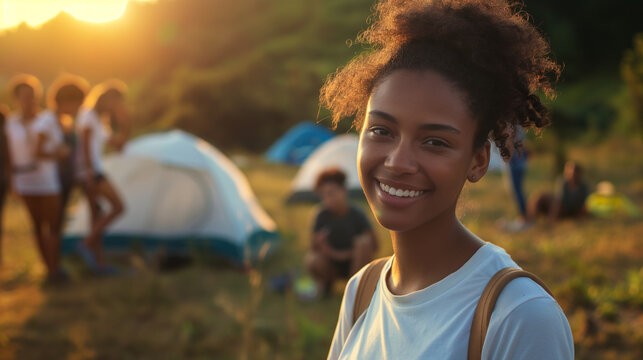 A young African-American woman stands smiling in the foreground, with a campsite and her diverse group of friends setting up tents in the background, all bathed in the glow of the
