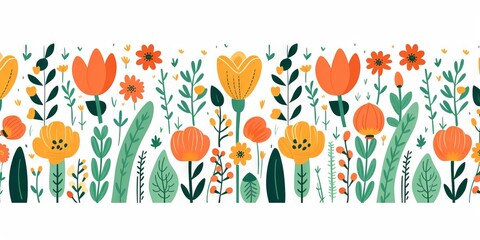 bright, blooming poppies and other flowers arranged in an endless horizontal line on a white background.
Concept: spring promotions and events, for the design of greeting cards