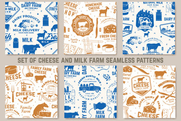 Cheese family and milk farm seamless pattern or background. Fabric, textile, wallaper with block cheese, sheep lacaune on the grass, fork, knife for cheese, cow, cheese press. Vector. - 765924405