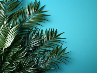 Fototapeta na wymiar Green plant leaves on a calm blue copy space background