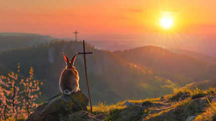 Coelhinho da Páscoa com uma bengala velha numa montanha olhando o pôr do sol, cruz de cristo - obrazy, fototapety, plakaty