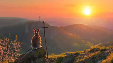 Tuinposter Coelhinho da Páscoa com uma bengala velha numa montanha olhando o pôr do sol, cruz de cristo © Alexandre