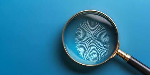 Enhanced biometric identity search symbolized by a closeup of a magnifying glass over a fingerprint...
