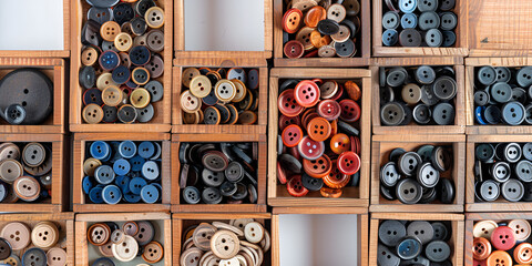 colorful spools of thread arranged neatly, created Sewing tools and accessories with color full threads keep in the old wooden box. - obrazy, fototapety, plakaty