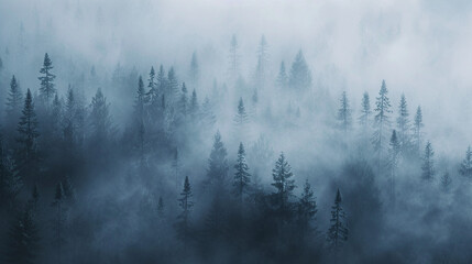 Mystical Fog in Dense Forest - obrazy, fototapety, plakaty