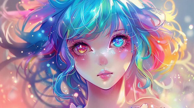 Anime style magical girl with colorful hair, sparkly eyes, and cute outfit, digital art illustration
