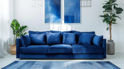 Contemporary living room interior with a stylish blue sofa, potted plants, and elegant decor
