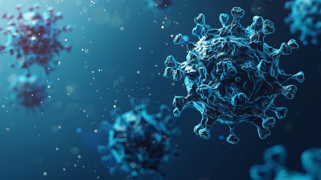 Coronavirus COVID-19 floating in air on dark blue background, 3d render of virus cells