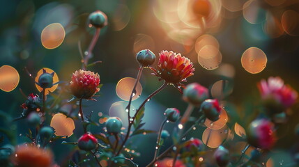 Abstract soft focus sunset nature landscape of flowers and leaves, warm golden hour sunrise time....