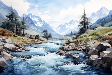 Fototapeta na wymiar A Painting of a Mountain Stream With Rocks and Grass. Generative AI.