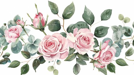 Delicate watercolor composition of pink roses, leaves, and eucalyptus branches - obrazy, fototapety, plakaty