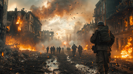 Amidst ruins, Captain Miller's squad clashes with German soldiers, chaos ensues.generative ai
