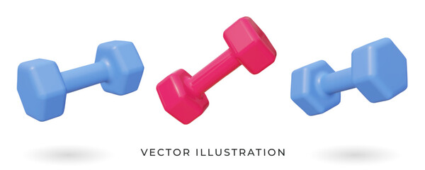 Set of 3d realistic dumbbells isolated on white background. Vector illustration. Gym and fitness equipment. Workout tools - obrazy, fototapety, plakaty