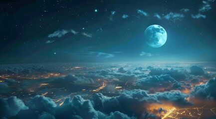 Fototapeta na wymiar a view of the city lights from above, clouds in foreground, night sky with moon and stars