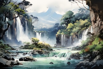 Naklejka premium A Painting of a Waterfall in the Middle of a Forest. Generative AI.