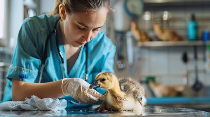 Compassionate Care: A Veterinarian Tenderly Treating an Injured Duckling