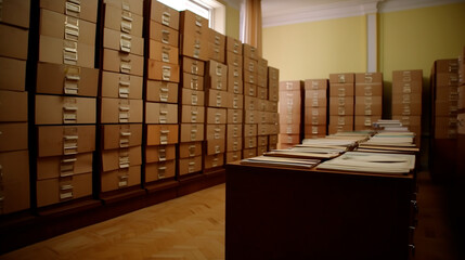 A room with many filing cabinets and a desk with papers on it