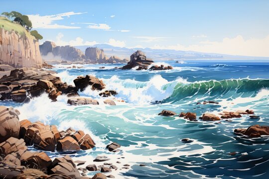 A Painting of a Rocky Coast With Crashing Waves. Generative AI.