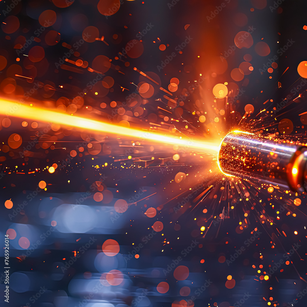 Aufkleber a glowing, metallic object with a bright orange tip shoots out of a blue background. concept of ener