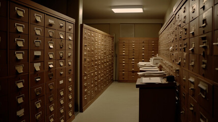 A room with many filing cabinets and a desk with papers on it