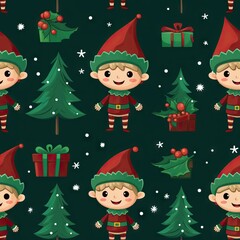 christmas trees, and elf, seamless pattern tile background, backdrop