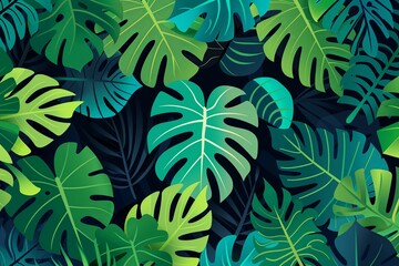 Fototapeta na wymiar Lush tropical leaves in vibrant colors create a dense jungle feel, ideal for themes of nature and environmental graphics.