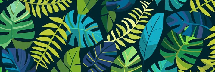 Lush tropical leaves in vibrant colors create a dense jungle feel, ideal for themes of nature and environmental graphics.