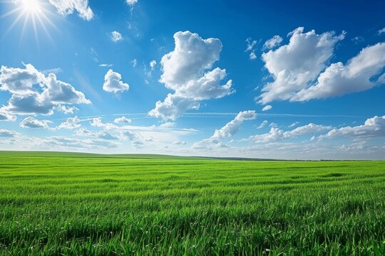 green field and sky Lush green grass meadow background at Sky Stunning landscape copy for space