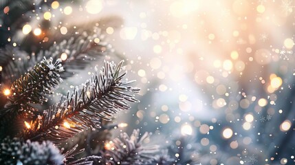 Festive Christmas background with shimmering lights, snowflakes and pine branches, holiday concept - obrazy, fototapety, plakaty
