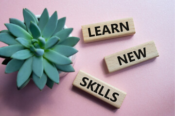 Learn new skills symbol. Concept words Learn new skills on wooden blocks. Beautiful pink background with succulent plant. Business and Learn new skills concept. Copy space. - obrazy, fototapety, plakaty