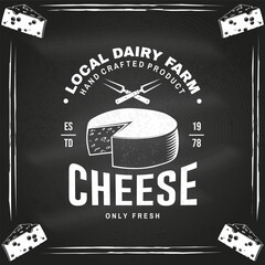 Fresh cheese badge design on the chalkboard. Template for logo, branding design with block cheese and fork for cheese. Vector illustration. - 765926451