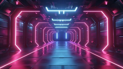 Futuristic Sci-Fi Tunnel with Glowing Neon Lights and Geometric Shapes, 3D Rendering