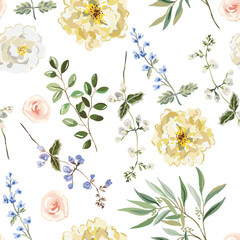 Rose flowers, green leaves, white background. Floral illustration. Vector seamless pattern. Botanical design. Nature garden elements. Summer plants