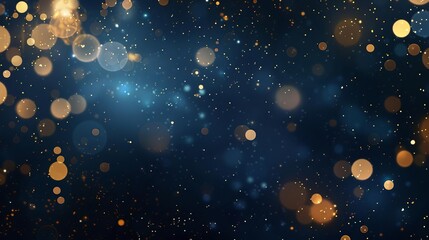 Luxurious Dark Blue Background with Shimmering Gold Particles and Bokeh Effect, Abstract Holiday Illustration - obrazy, fototapety, plakaty