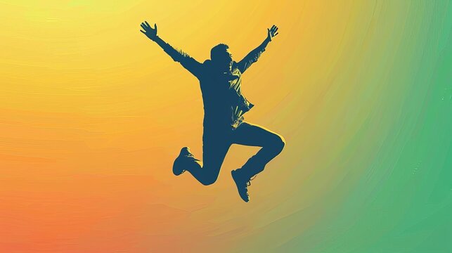 Joyful human figure jumping in the air, happiness and freedom concept illustration