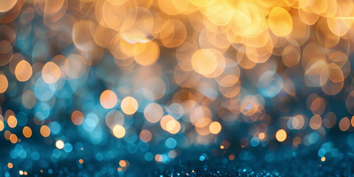 Abstract background of glitter vintage lights. De-focused banner blurred light element for cover decoration bokeh. Holiday concept with dark blue and gold particles. Christmas Golden shine particles