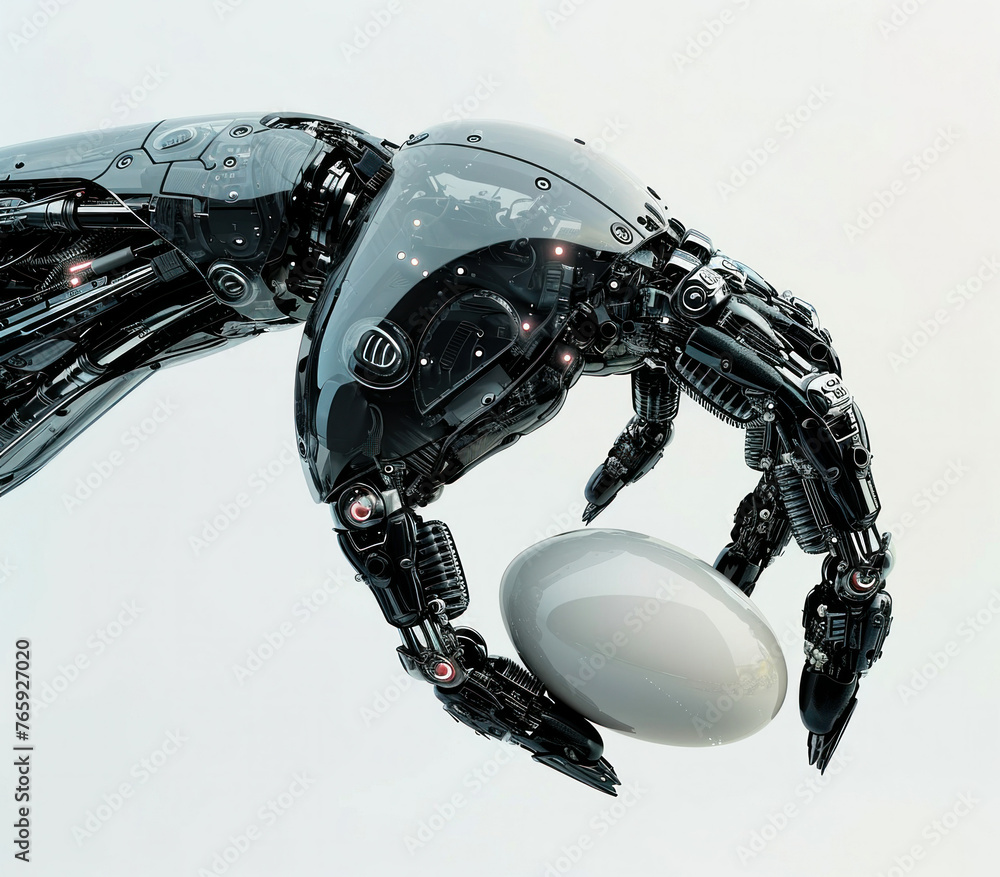 Poster robotic hand delicately holding a fragile egg in front of a plain white background in 3d modeling co