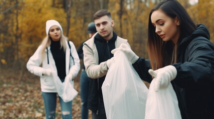 A group of people are picking up trash in a forest