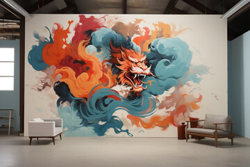 Drawing of a fierce dragon on a white wall in an empty room. Generated by artificial intelligence