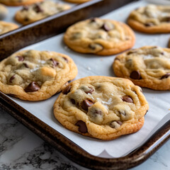 A tray of chocolate chip cookies sits on a counter