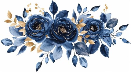 Navy blue watercolor roses, leaves and gold branches composition isolated on white, floral illustration