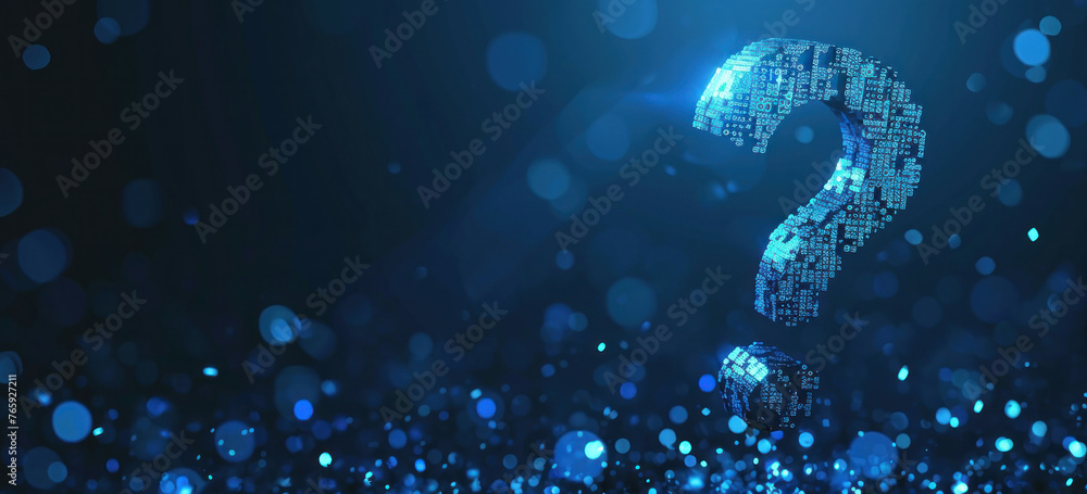 Poster mysterious 3d question mark surrounded by dots and sparkles on dark blue background